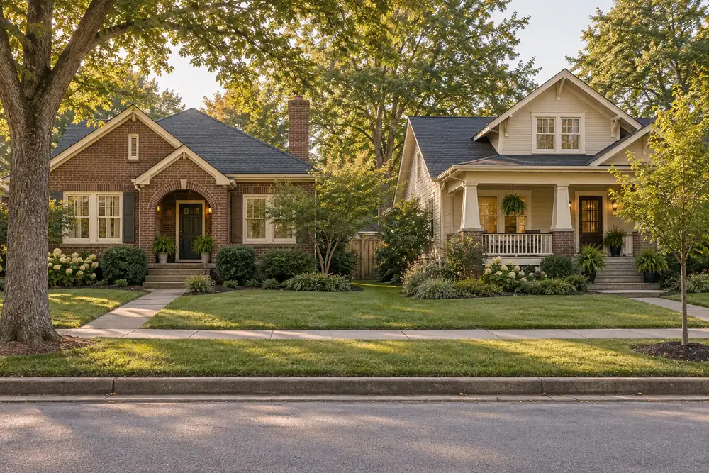Illustrative brick bungalow and porch house on a leafy street