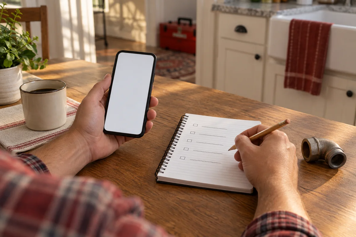 Hands checking a blank phone and notebook checklist at a kitchen table