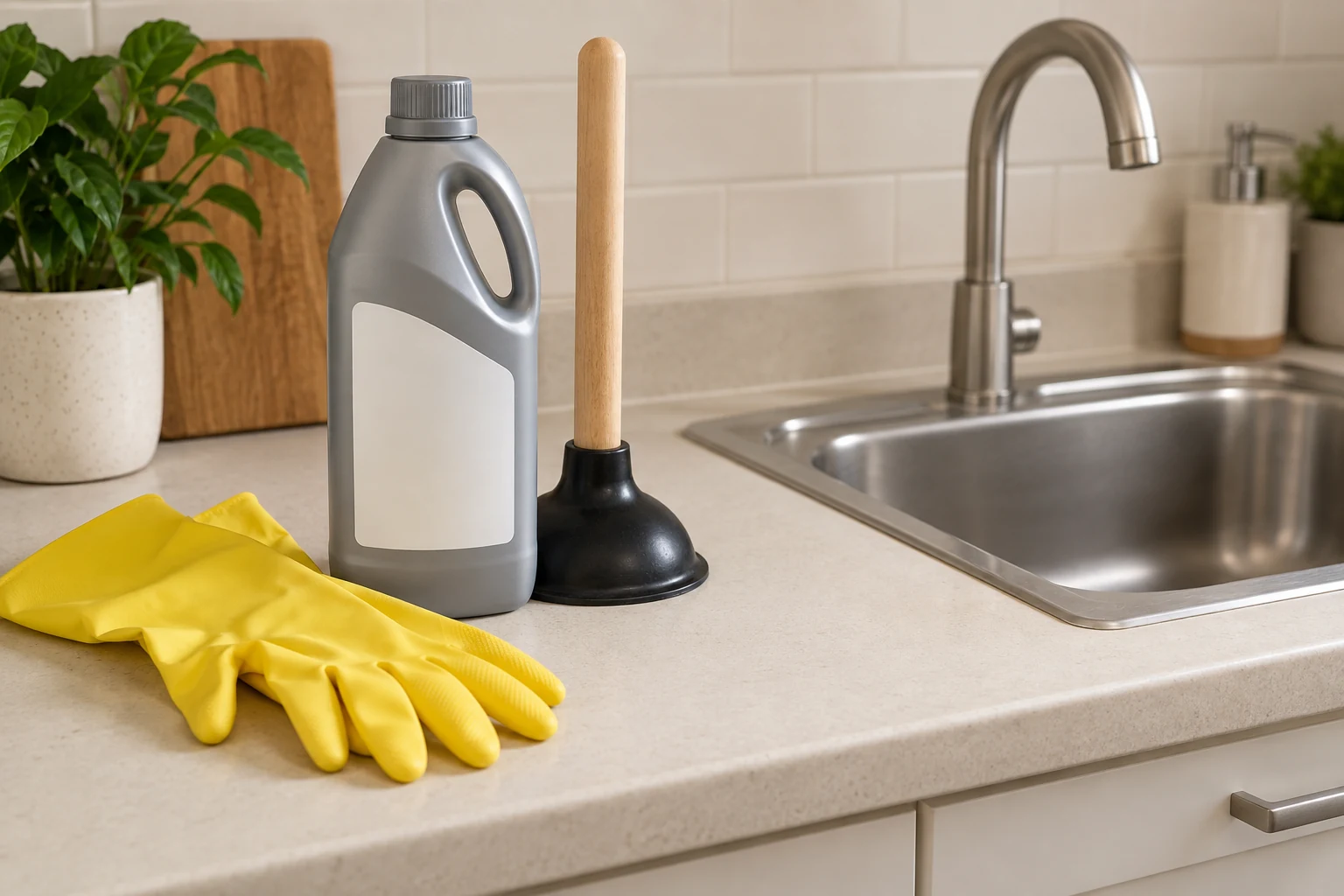 Closed cleaner bottle and plunger beside a dry kitchen sink