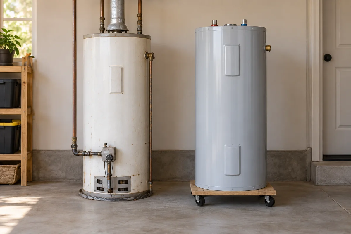 Older water heater beside a new unbranded tank on a dolly