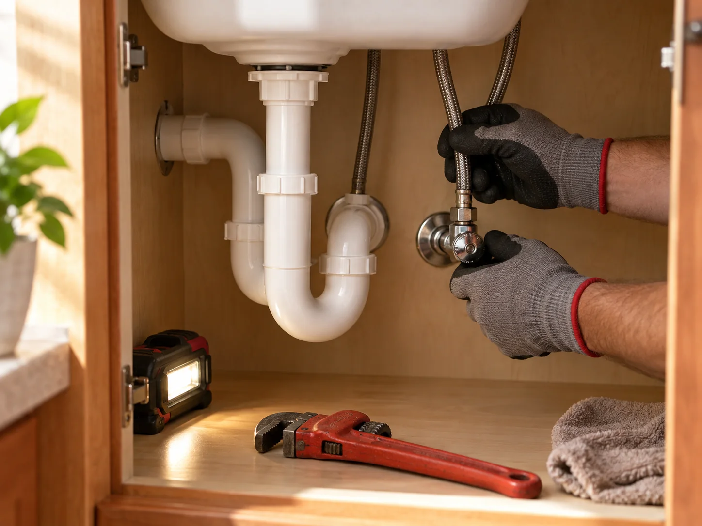 Gloved hands at a dry supply valve beneath a kitchen sink