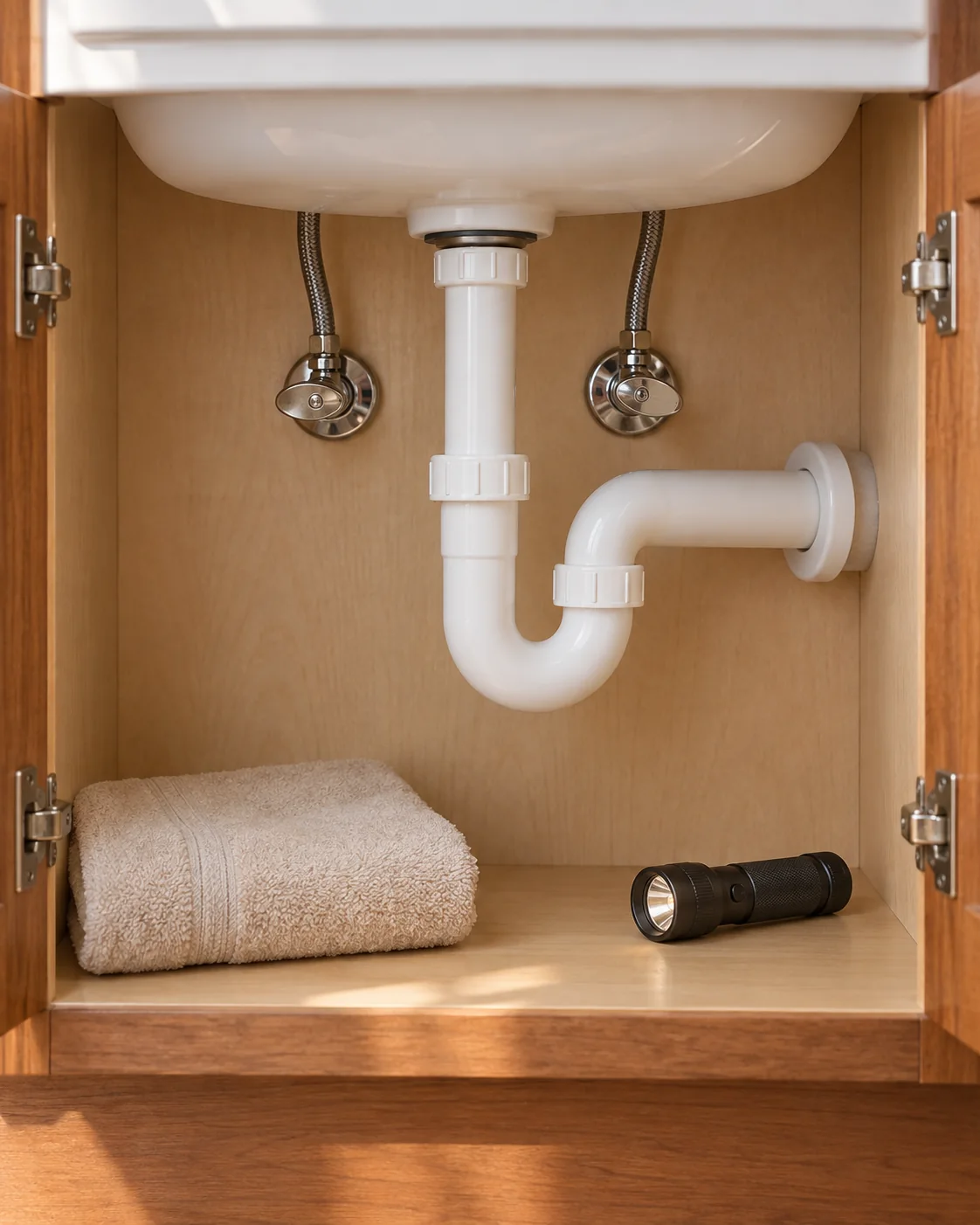 Clean P-trap and shutoff valves inside a bathroom vanity cabinet