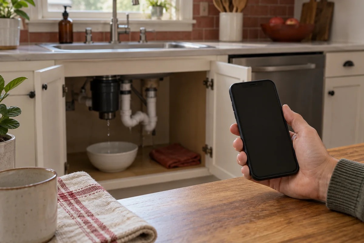 Hand holding a blank phone near a small drip beneath a kitchen sink