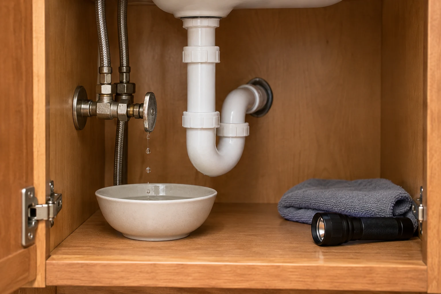 Dripping sink shutoff above a bowl inside a dry cabinet